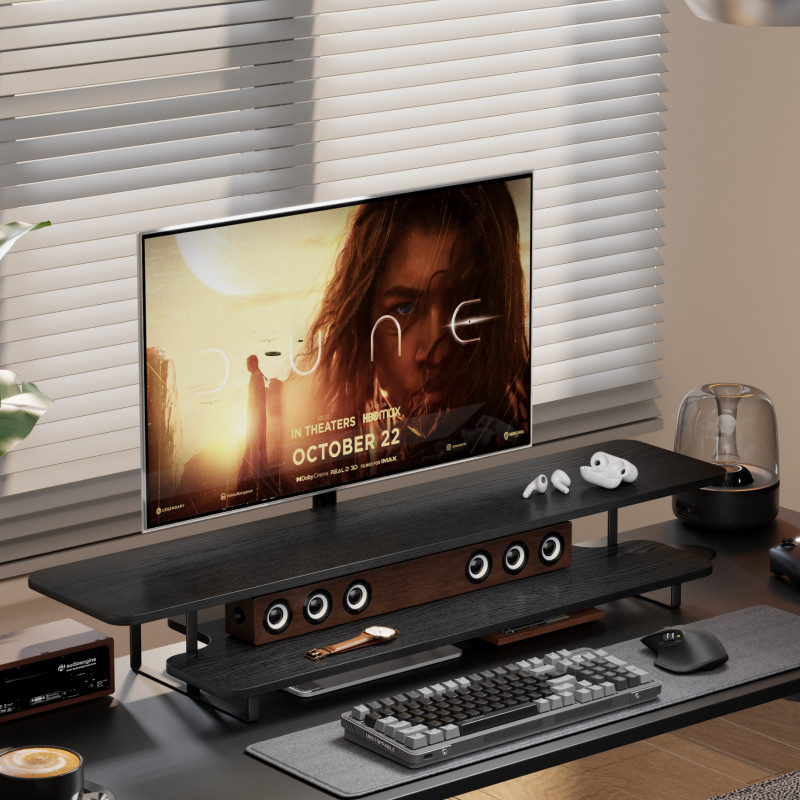 Penyangga Monitor Kayu Walnut, - Desk Setup With Laptop And Monitor ulasan dan harga