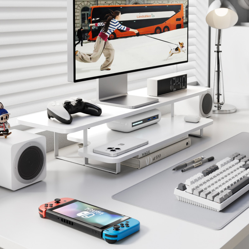 Penyangga Monitor Kayu Walnut, - Desk Setup With Laptop And Monitor ulasan dan harga