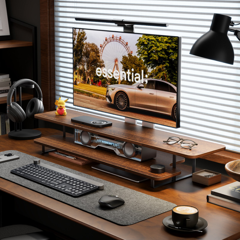 Penyangga Monitor Kayu Walnut, - Desk Setup With Laptop And Monitor ulasan dan harga