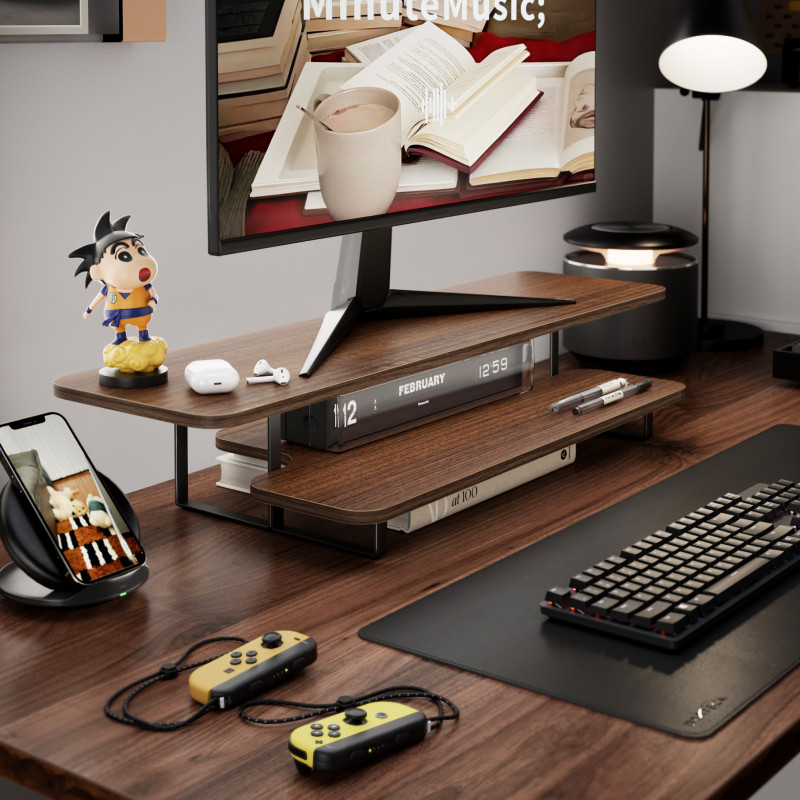 Penyangga Monitor Kayu Walnut, - Desk Setup With Laptop And Monitor ulasan dan harga